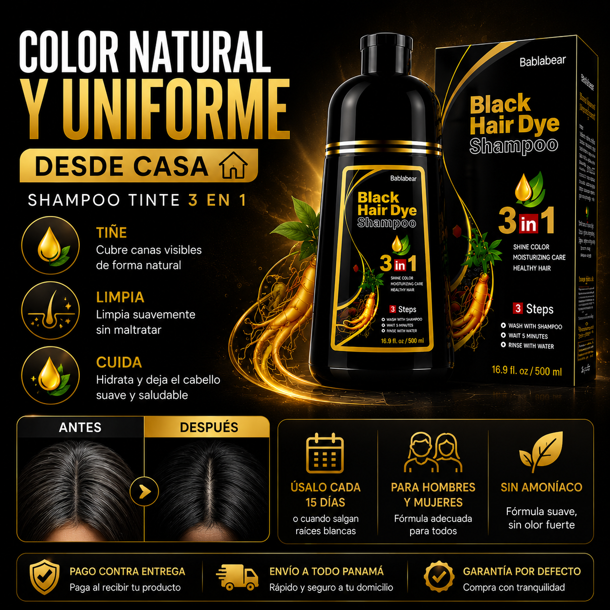 Black Restore Pro - Shampoo Tinte Cubre Canas 3 en 1