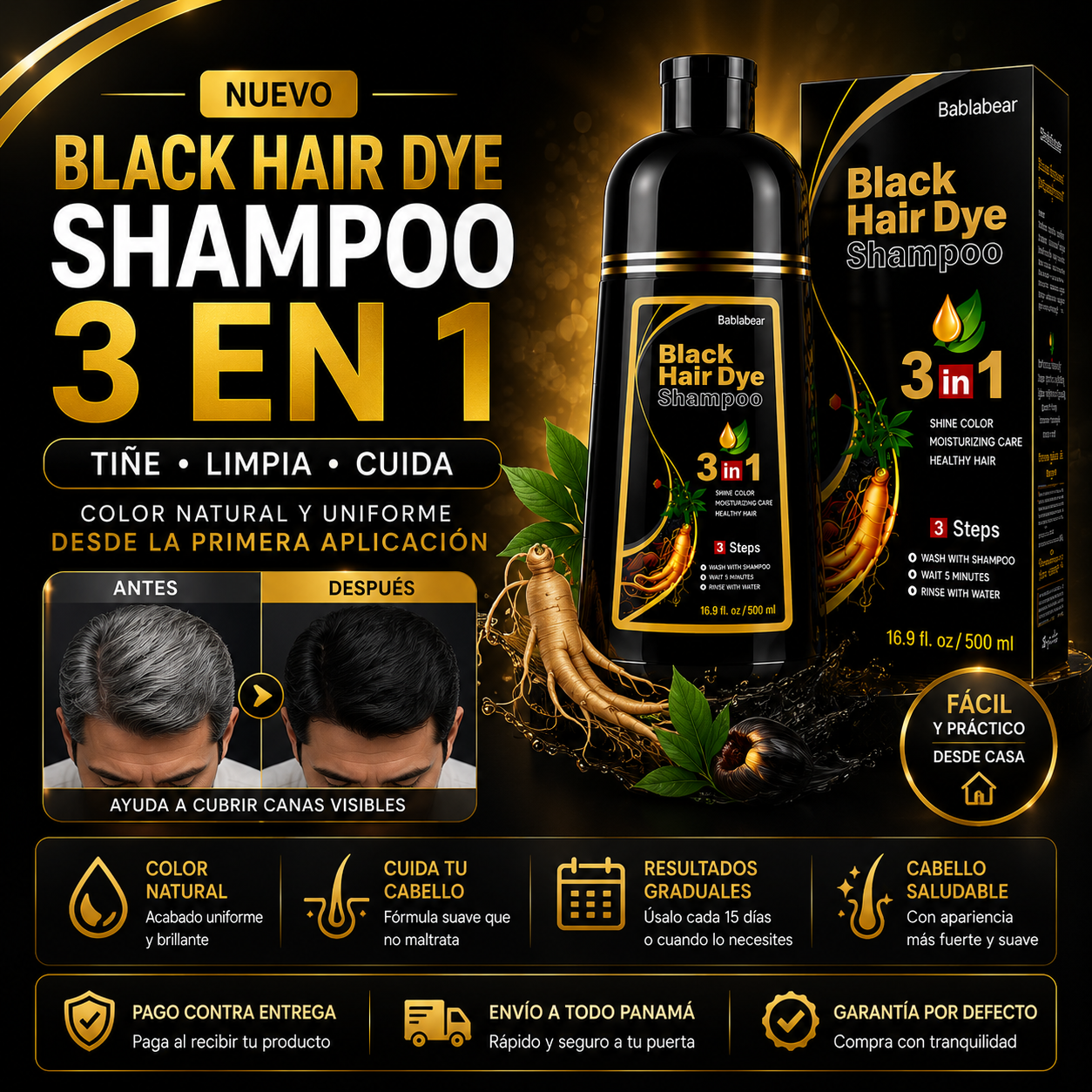 Black Restore Pro - Shampoo Tinte Cubre Canas 3 en 1